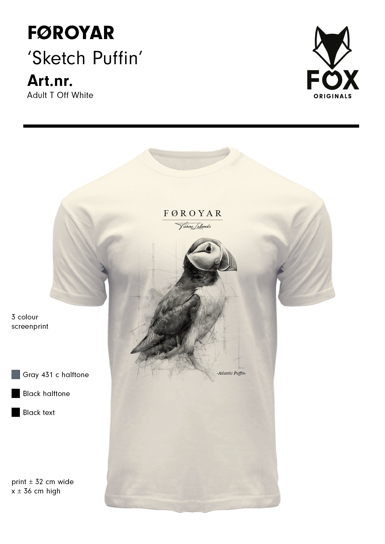 FOX T-shirt ADULT Sketch Puffin Off White "Faroe Islands"