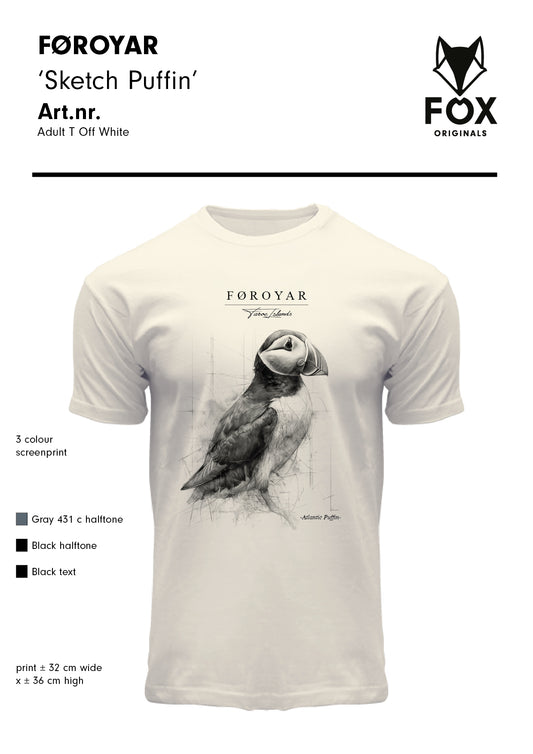 FOX T-shirt ADULT Sketch Puffin Off White "Faroe Islands"
