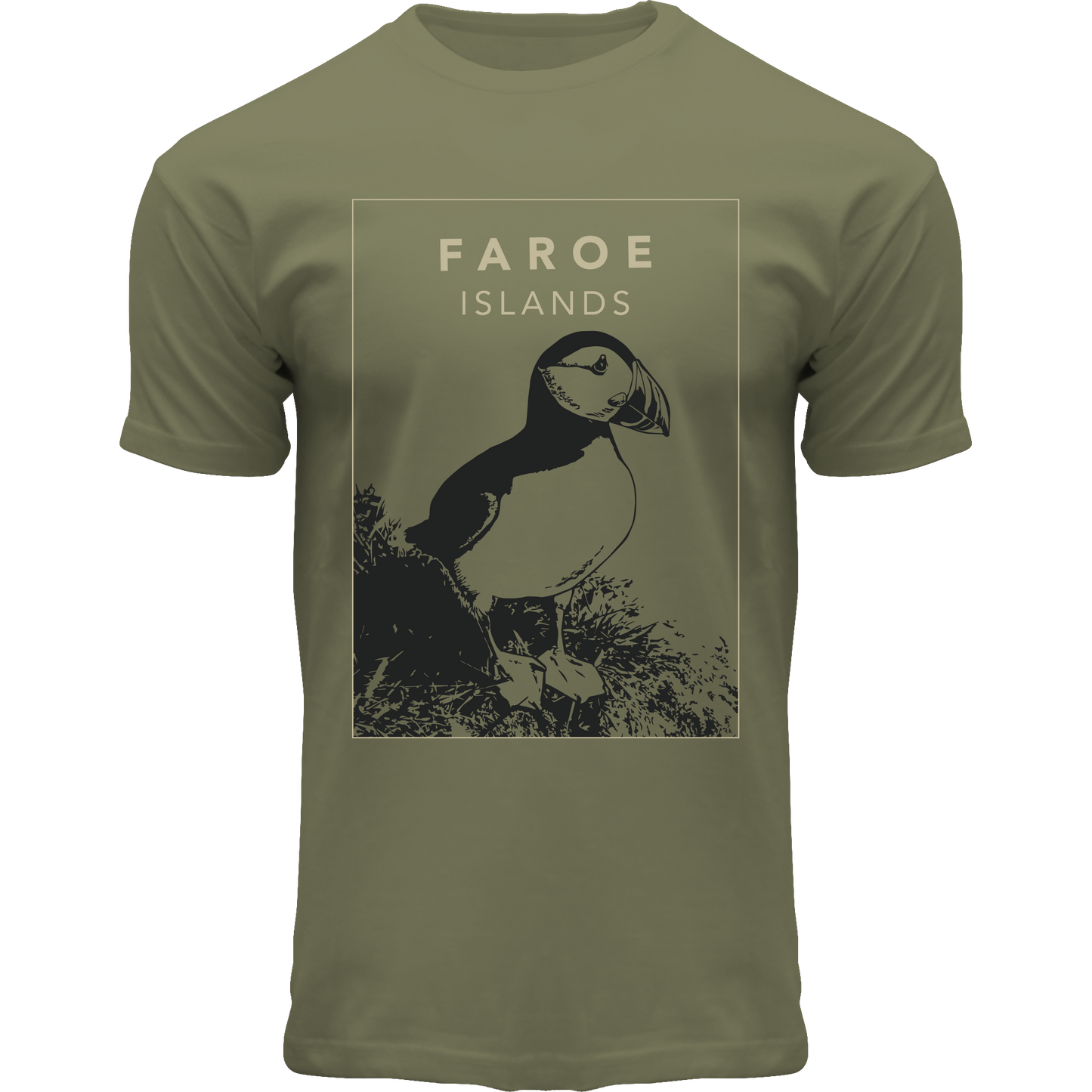 FOX T-shirt ADULT Square Puffin Olive, "Faroe Islands"